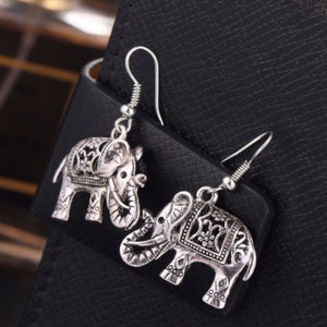 Cute Boho Elephant Charm  Earrings Thailand India Bali Novelty Tibetan Silver