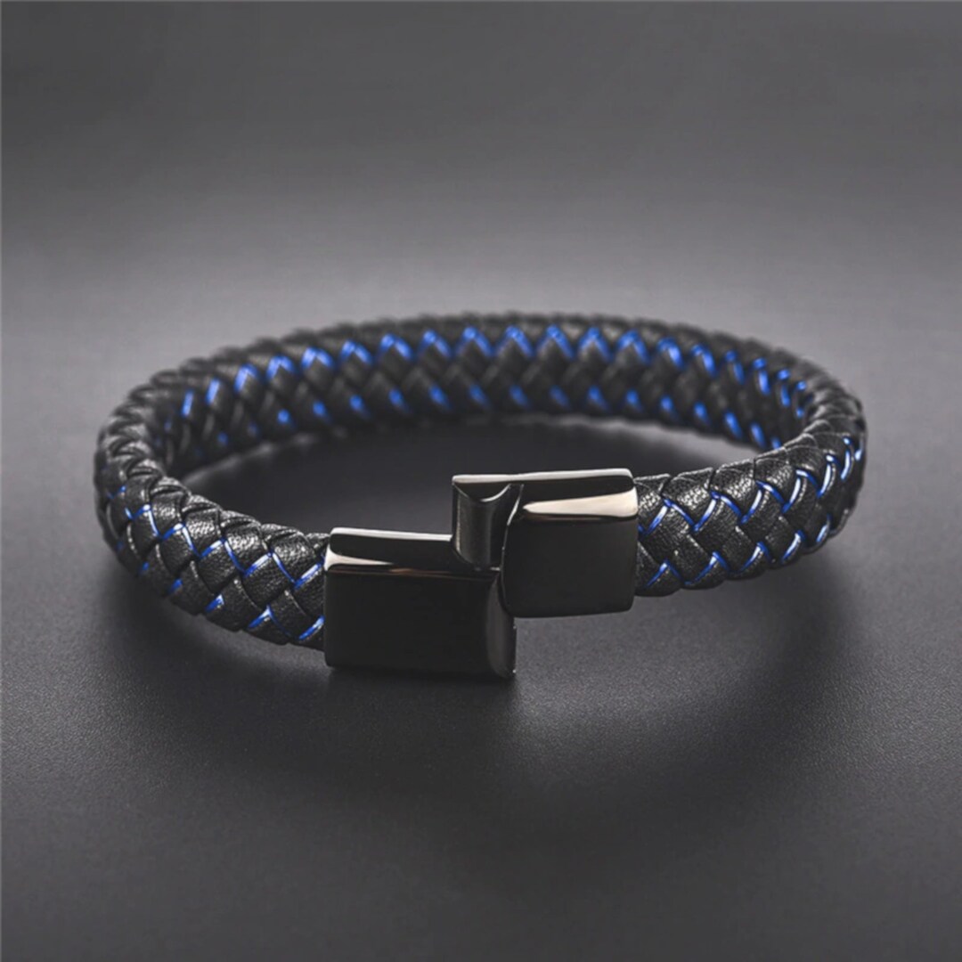 Men's Braided Black Leather With Blue Highlight Stitching Bracelet Gift ...