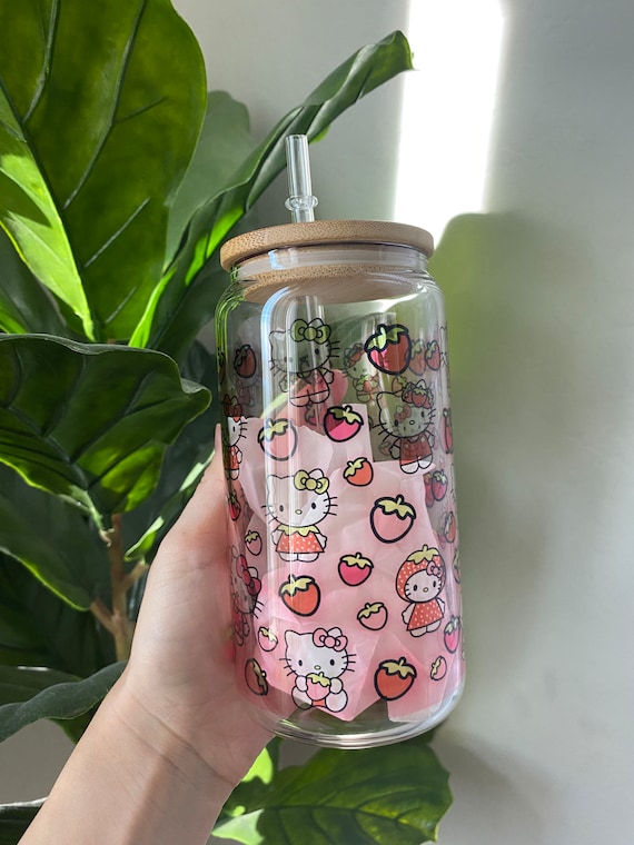 Hello Kitty Glass Tumbler Coffee Cup Beer Can Ghost Hello Kitty Sanrio Cat  Libby Glass Cup Reusable Coffee Cup Glass Jar 16oz Cup 