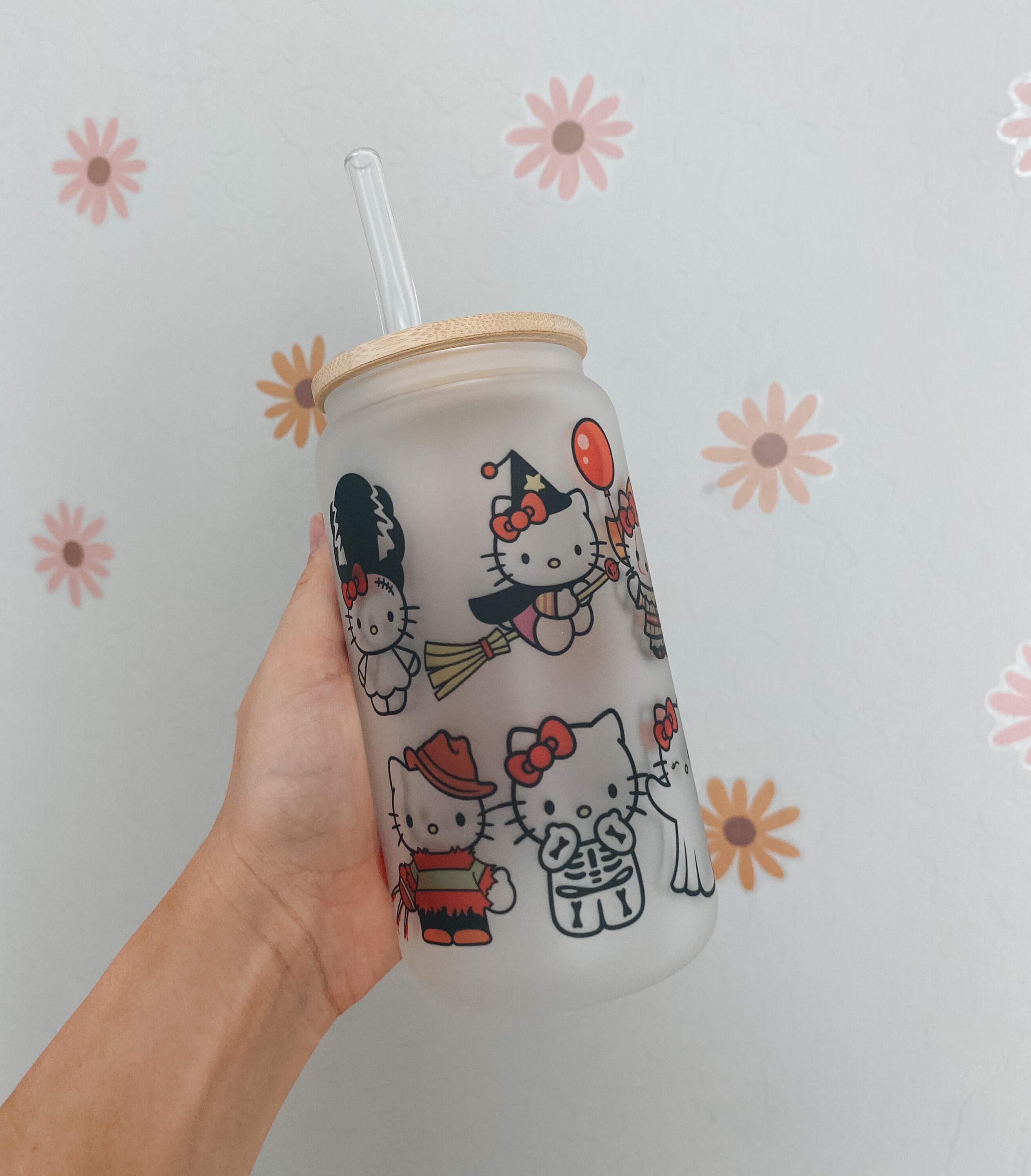 Hello Kitty Glass Cup, Hello Kitty, Pumpink Glass Cup, Pumpink Season Cups,  Spooky Season Cups, Bats Cup, Cute Cup, Glass Can, Halloween Cup 