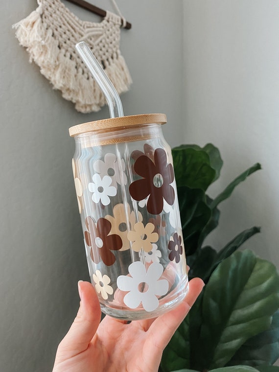 “Summer Daisies” Glass Can Cold Drink Cup w/Bamboo Lid & Glass Straw