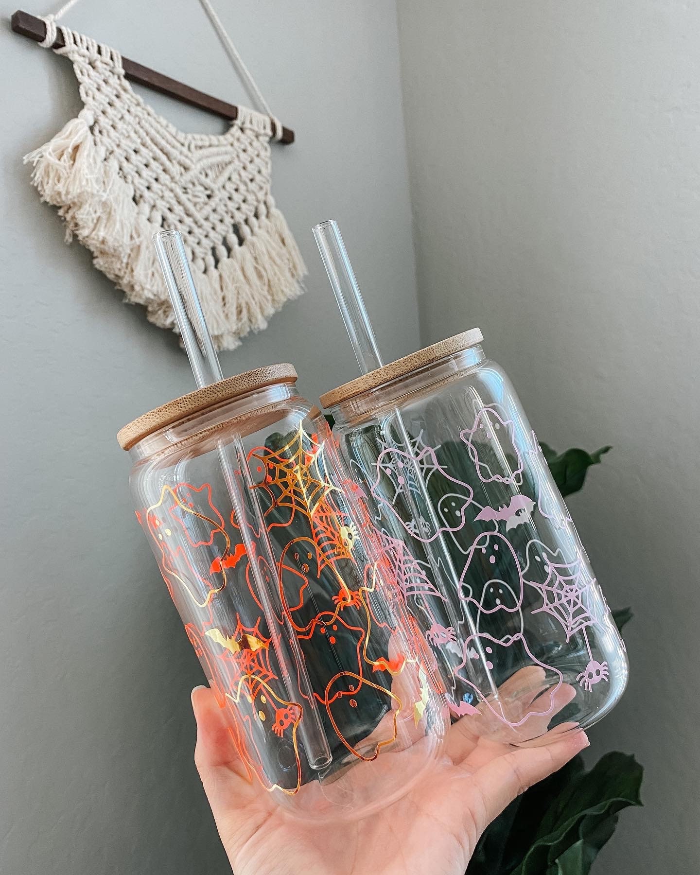 Pink Ghost Halloween Glass Iced Coffee Cup With Bamboo Lid & Glass Str