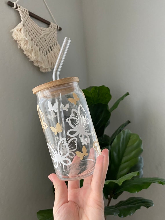 BUTTERFLY Glass Can Cup With Bamboo Lid & Straw Beer Glass Can Cup Iced  Coffee Glass Can Cup Soda Can Glass Cup 