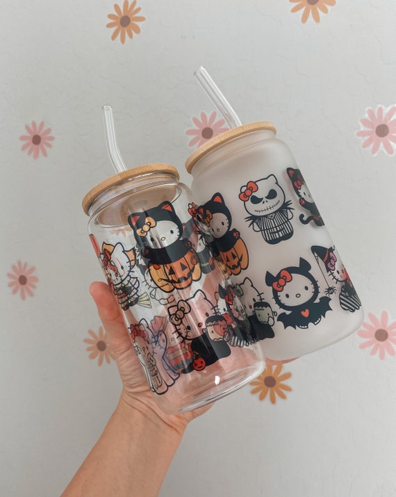 Cat and Friends Iced Coffee Glass Cup Kitty Beer Can Glass Kawaii Glass Can  With Lid and Straw Cute Coffee Cup for Women Friends Mom 