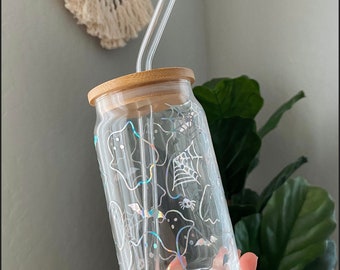 Ghosts with Flowers Glass Coffee Cup With Lid & Straw – solillydesignco