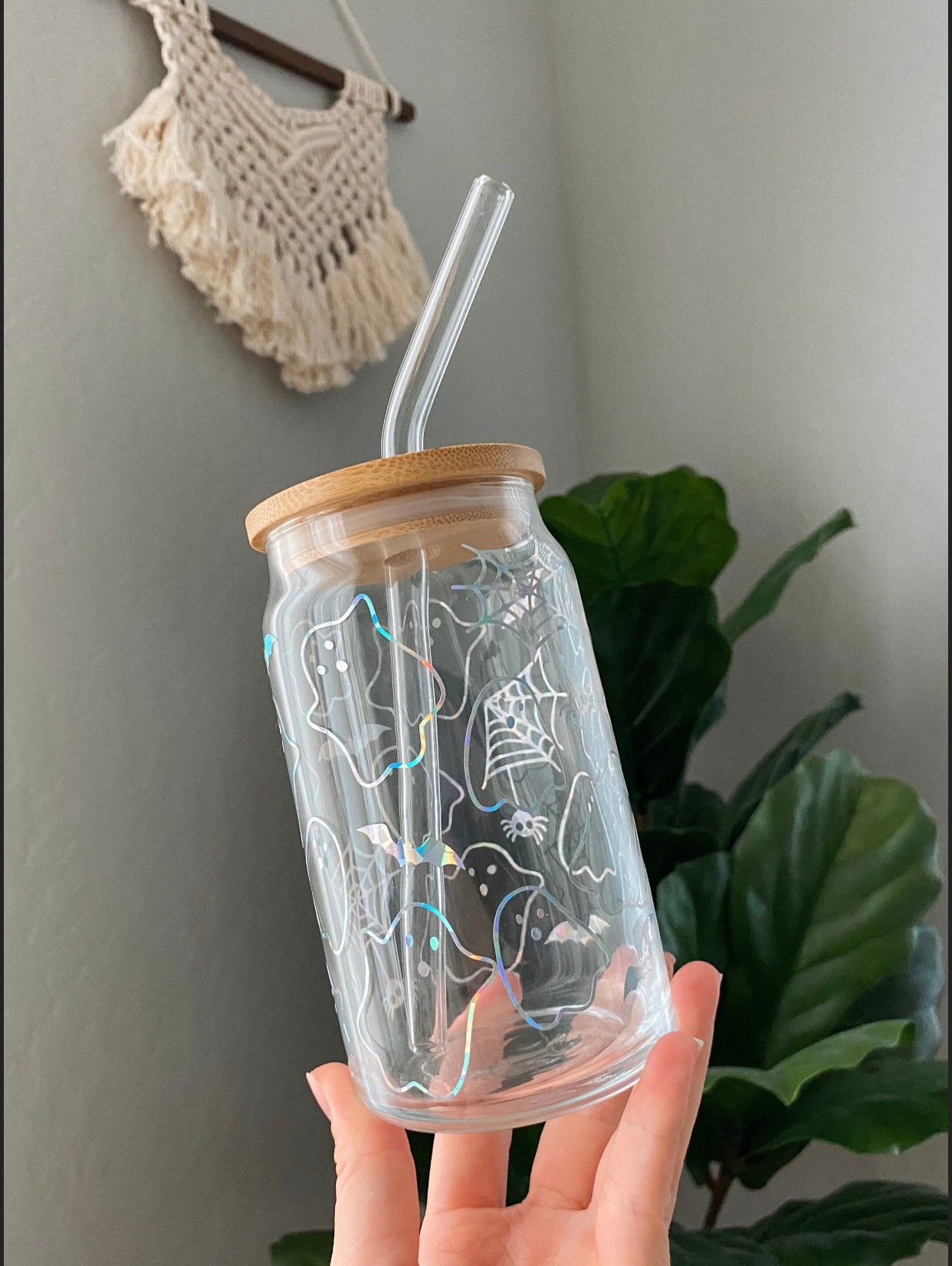 Ghost and Pumpkin Glass Cup with Bamboo Lid and Straw – Mrs Pretty Prints