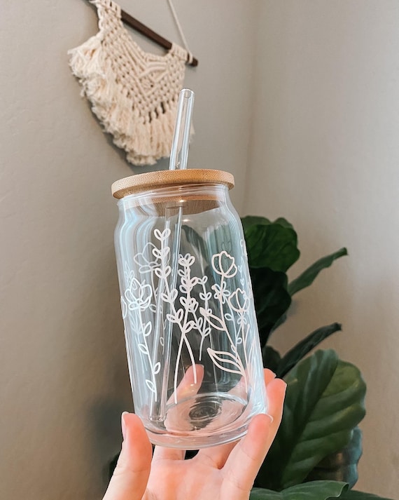 FLORAL Glass Can Cup With Bamboo Lid & Glass Straw Iced Coffee Cup