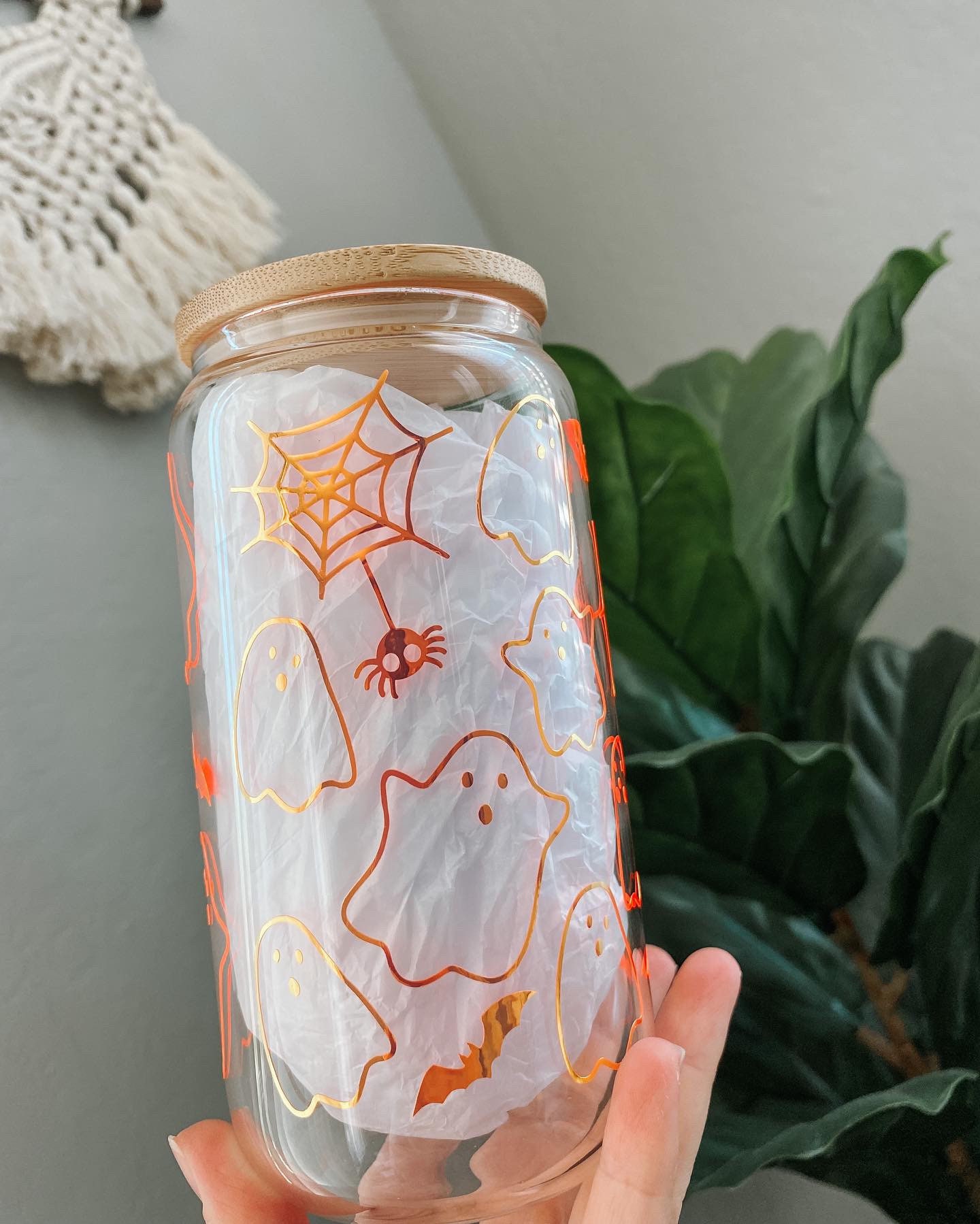 Cute Ghost Glass Can Cup Cute Ghost Iced Coffee Cup Halloween Glass Cup  Spooky Season Cup Libbey Glass Can Cup Opal Holographic 