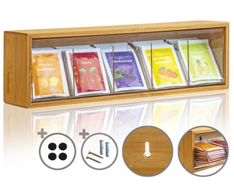 Teebeutel Aufbewahrungsbox Organizer - Teebox mit Kippdeckel zum Wand aufhängen - Teebeutelspender Natur Bambus Holz braun - 5 Fächer