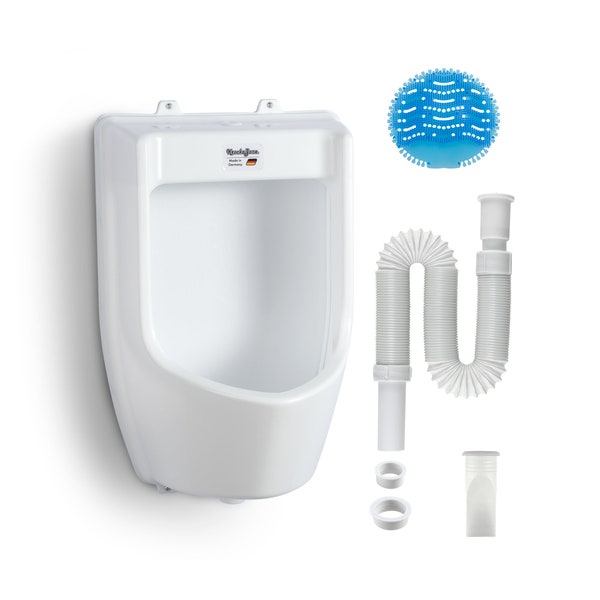 Urinal Kunststoff wasserlos Pissoir mit Schlauch, Urinalsieb - Männer WC Set Steh Klo Urinalbecken, Plastik Wand Pisuar für Garten - weiß