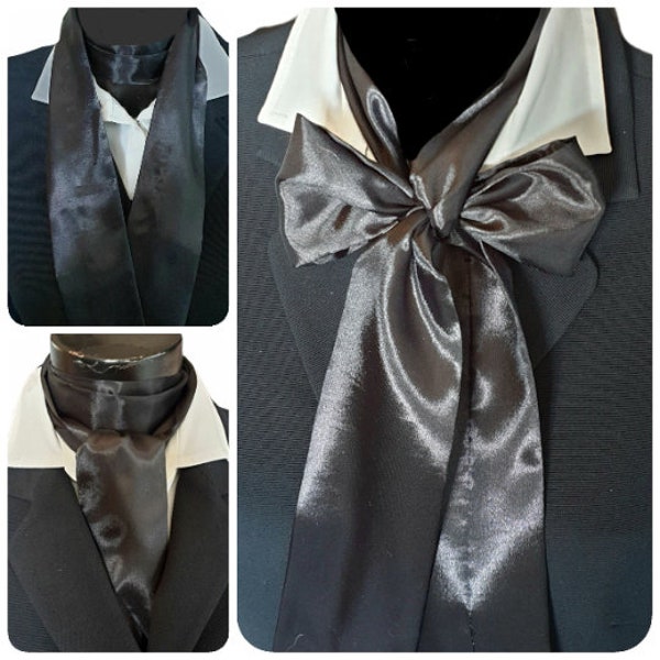 Black Silky Long Cravat Self Tie Neck Scarf Ascot Multi Way Steampunk Wedding Theatre Costume Races Whitby Victorian D9