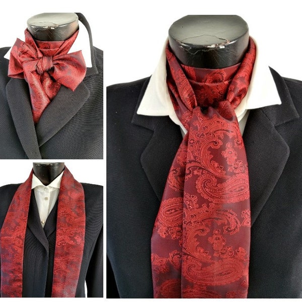 Burgundy Red Silky Paisley Long Cravat Self Tie Neck Scarf Ascot Multi Way Steampunk Wedding Theatre Costume Races Victorian A50