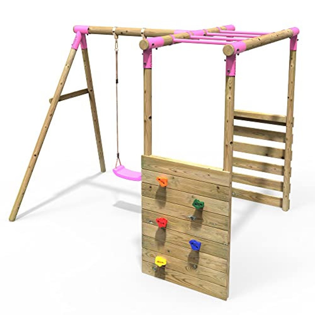 Rebo® Wooden Garden Children's Swing Set With Monkey Bar Attachment Solar Pink Etsy UK
