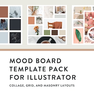 以下が含まれることがあります： Adobe Illustrator 用のムードボードテンプレートパック。このパックには、コラージュ、グリッド、マソンのレイアウトが含まれています。画像には、コーヒーカップ、植物、椅子など、さまざまな画像と色が表示されています。
