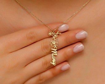 Collar personalizado con nombre de flor de nacimiento / joyería floral minimalista llena de oro y oro rosa de plata de ley