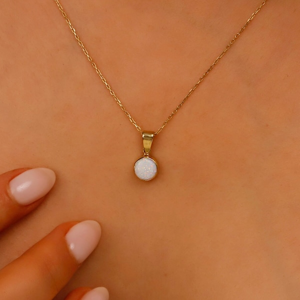 14K Gold Real White Opal Charm Necklace, Perfect Dainty Unique Pendant Necklace Birthday Gifts in Sterling Silver, Gold and Rose Gold