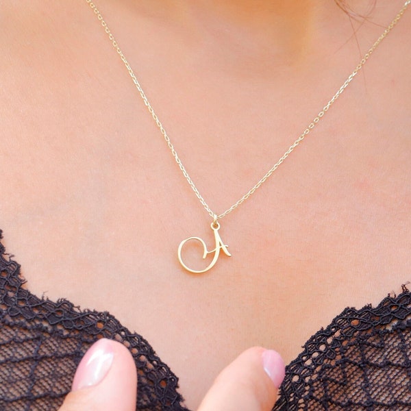 Personalized Cursive Initial Necklace, Custom Sterling Silver Initial Jewelry, 18K Gold Script Letter Necklace,18K Rose Gold Jewellery Gifts