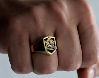Einzigartiger Familienwappen Ring, Wappen Ring, Familienwappen Siegelring, Siegelring individuell, Geschenk für Sie / Ihn