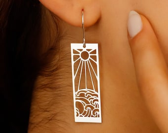 Sterling Silver Sun and Ocean Wave Dangle Earrings