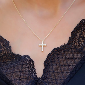 Gold Diamond Cross Necklace, Dainty Christian Cross Necklace, Tiny Diamond Cross Pendant, Cross Jewellery, Necklace for Women,Religious Gift