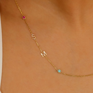 Handmade Sideways Birthstone Initial Necklace, Gold Letter Necklace | Birthstone Jewelry Anniversary Gift | Birthday Gift in Sterling Silver