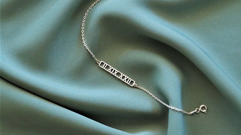 Delicate Roman Numerals Bar Bracelet, Personalized Special Dates Bracelet, Name Bar Bracelet, Custom Bar Jewellery, Unique Birthday Gifts image 8