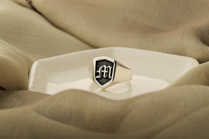 Personalized Signet Ring Dainty Engraved Ring with Initial Custom Sterling Silver Shield Ring Gift for Him or Dad Birthday Gifts image 4