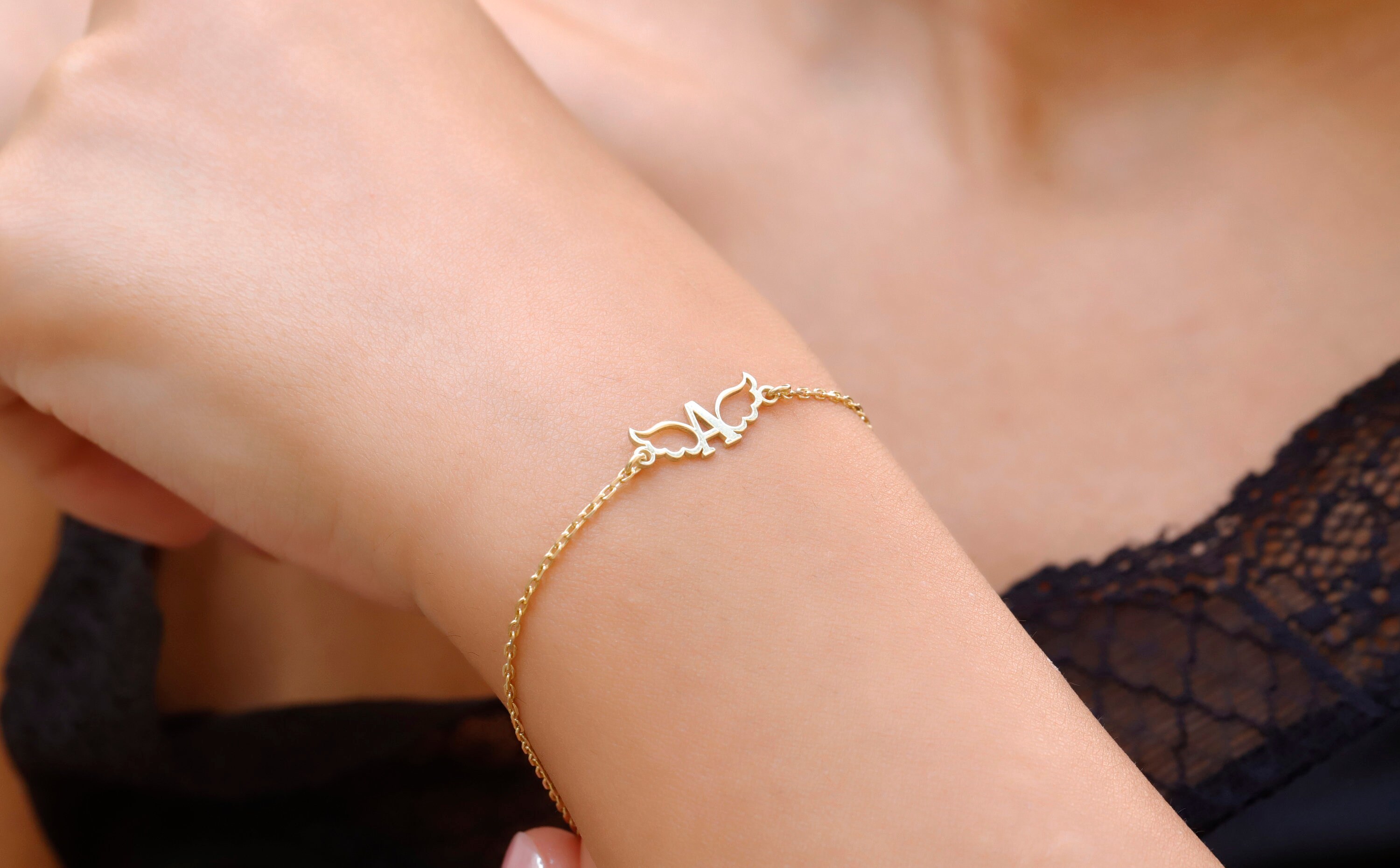 ★BTS着用BRAND★A BIT MOR★ANGEL'S WING BRACELET Initial With Angel Wing Bracelet, Custom Wings Bracelet