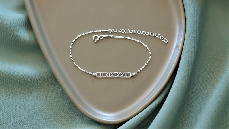 Delicate Roman Numerals Bar Bracelet, Personalized Special Dates Bracelet, Name Bar Bracelet, Custom Bar Jewellery, Unique Birthday Gifts image 7
