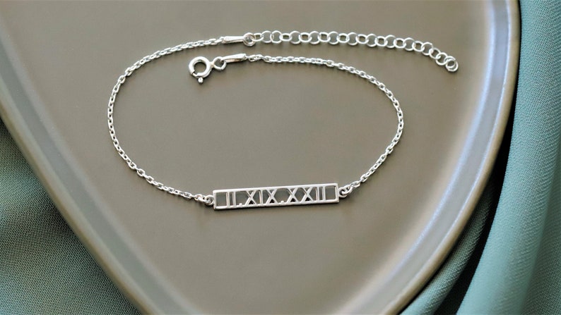 Delicate Roman Numerals Bar Bracelet, Personalized Special Dates Bracelet, Name Bar Bracelet, Custom Bar Jewellery, Unique Birthday Gifts image 2