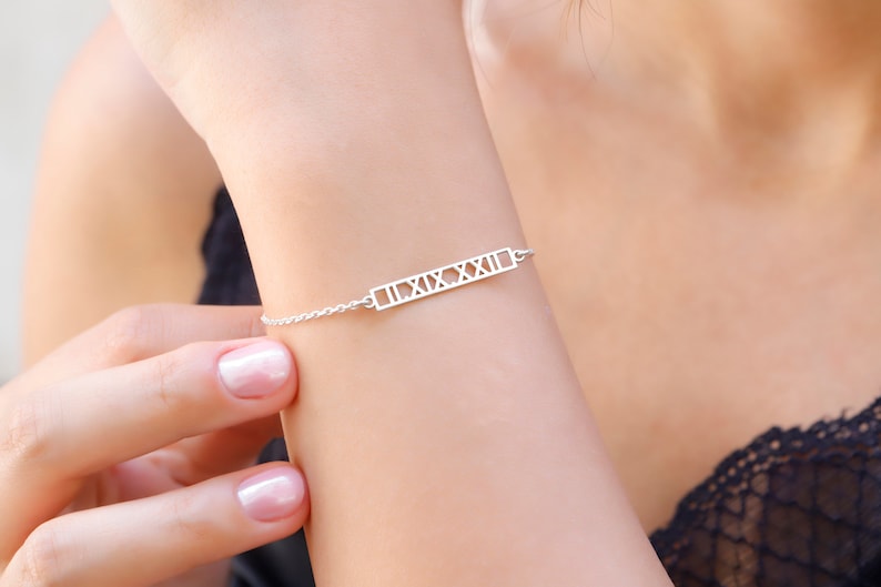 Delicate Roman Numerals Bar Bracelet, Personalized Special Dates Bracelet, Name Bar Bracelet, Custom Bar Jewellery, Unique Birthday Gifts image 3