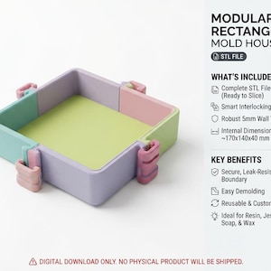 May include: A modular rectangle mould housing with interlocking walls in pastel purple, pink, green, and teal. The text reads MODULAR RECTANGLE MOLD HOUSING, STL FILE, WHAT'S INCLUDED, Complete STL Files, Smart Interlocking System, Robust 5mm Wall Thickness, Internal Dimensions: ~170x140x40 mm, KEY BENEFITS, Secure, Leak-Resistant Boundary, Easy Demolding, Reusable & Custom-Sized, Ideal for Resin, Jesmonite, Soap, & Wax, DIGITAL DOWNLOAD ONLY. NO PHYSICAL PRODUCT WILL BE SHIPPED.