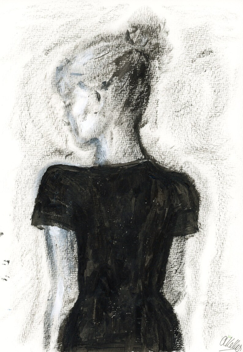 May include: A black and white charcoal drawing of a person wearing a black dress. The person's face is obscured by the shadows of their hair.