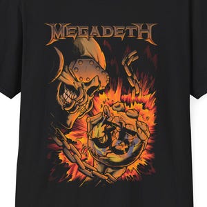 May include: Black t-shirt with a graphic of a skull holding a globe in flames. The text "Megadeth" is printed above the graphic.