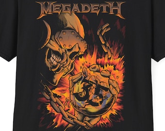 May include: Black t-shirt with a graphic of a skull holding a globe in flames. The text "Megadeth" is printed above the graphic.