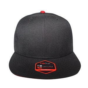 May include: Black and red baseball cap with a black brim and a red underside. The cap has a black logo with the text "CapGuys Inspired Exclusives Snapback".