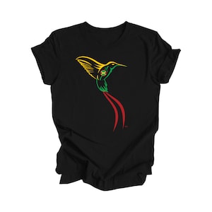 May include: Black t-shirt with a yellow, green, and red hummingbird design. The hummingbird has the Jamaican flag on its chest.