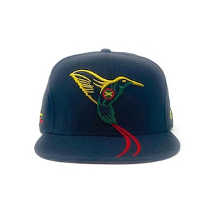 Op de afbeelding: Een zwarte, getailleerde baseballpet met een geborduurd kolibrie-ontwerp. De kolibrie is groen, geel en rood en heeft de Jamaicaanse vlag op zijn borst.