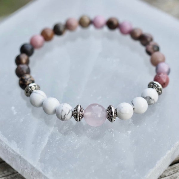 Howlite, Rhodonite and Rose quartz - Self Love Vibes crystal bracelet; Fertility hope bracelet