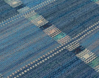 Blue Mid-century Swedish flatweave rug, Scandinavian wool kilim Rug - 1960s