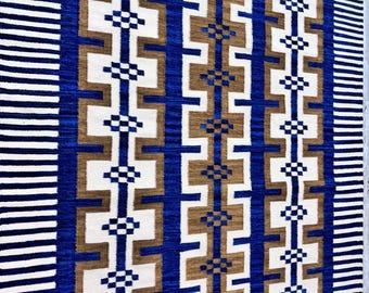 Blue Geometric Kilim Rug | 5x8 Wool Scandinavian Flatweave
