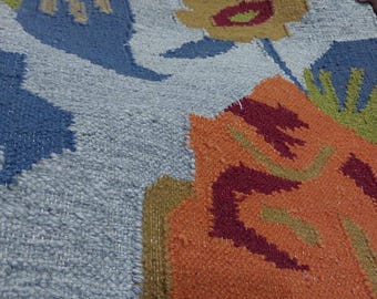Floral Kilim Rug, Colorful Swedish Flat Weave, Scandinavian Wool, 1960s