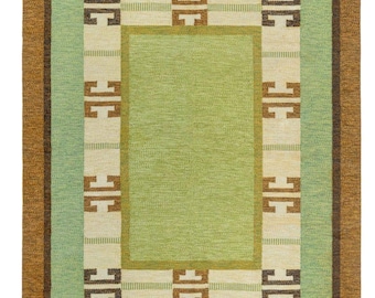 Green Scandinavian Design High Quality Hand Woven Flatweave Kilim Modern Boho Geometric Rug, Handmade Cotton Area with Customize in Any Size