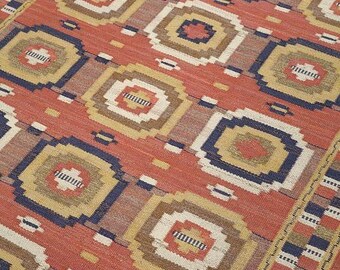 Handgemaakt wollen kelimtapijt | Tribal geometrisch platgeweven tapijt, 4 x 6 ft