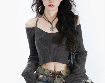 Y2K Frauen koreanische Vintage Acubi Slim Cropped Pullover Ästhetik Langarm Pullover V-Ausschnitt Gyaru Grunge Enge Pullover Kleidung