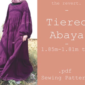 May include: A purple tiered abaya sewing pattern for heights between 5'9" and 6' tall. The pattern is available as a PDF download. The text on the image reads "the revert. - Tiered Abaya - 1.85m-1.81m tall .pdf Sewing Pattern"