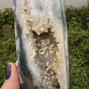 May include: A polished, rectangular crystal geode with a hollow center filled with small, sparkling quartz crystals. The exterior features a mix of white, green, and gray hues. The geode is held against a backdrop of green moss.