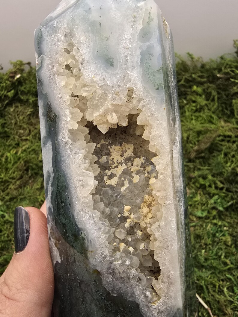 May include: A polished, rectangular crystal geode with a hollow center filled with small, sparkling quartz crystals. The exterior features a mix of white, green, and gray hues. The geode is held against a backdrop of green moss.