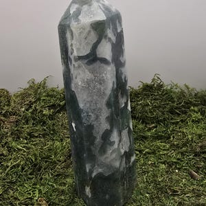 May include: A tall, polished crystal obelisk with a mottled pattern of dark green and white. The crystal is standing upright on a bed of green moss, with a light gray background.