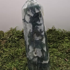 May include: A tall, polished crystal obelisk with a pointed top. The stone features a pattern of dark green and white inclusions. The obelisk is displayed on a bed of green moss, creating a natural aesthetic.